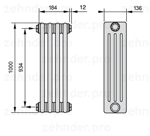Схема (чертеж) Радиатор Zehnder Charleston 4100/4 №1270 Белый глянцевый RAL 9016